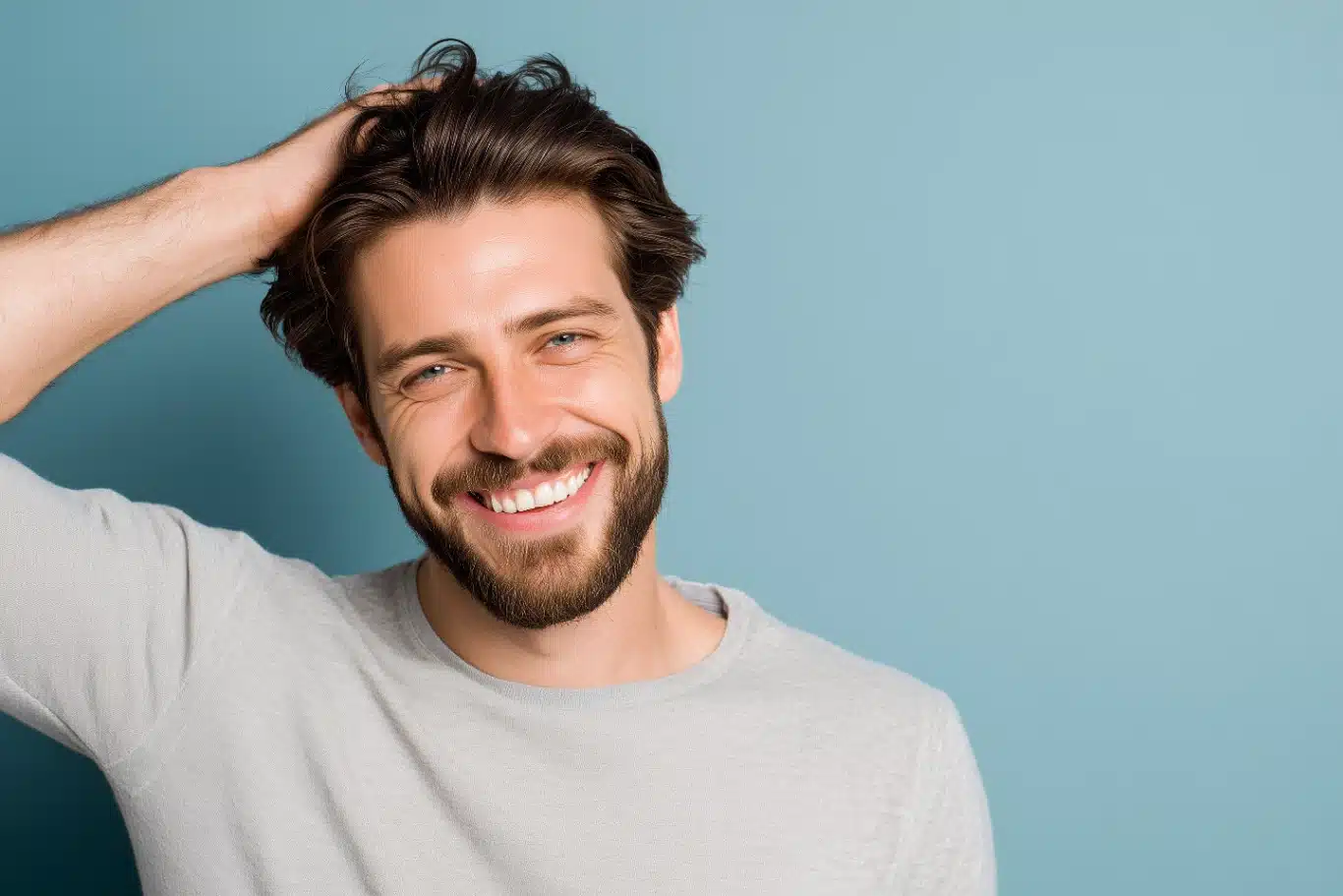Confidence Hair Recovery Smiling man with beard touching hair in front of blue background